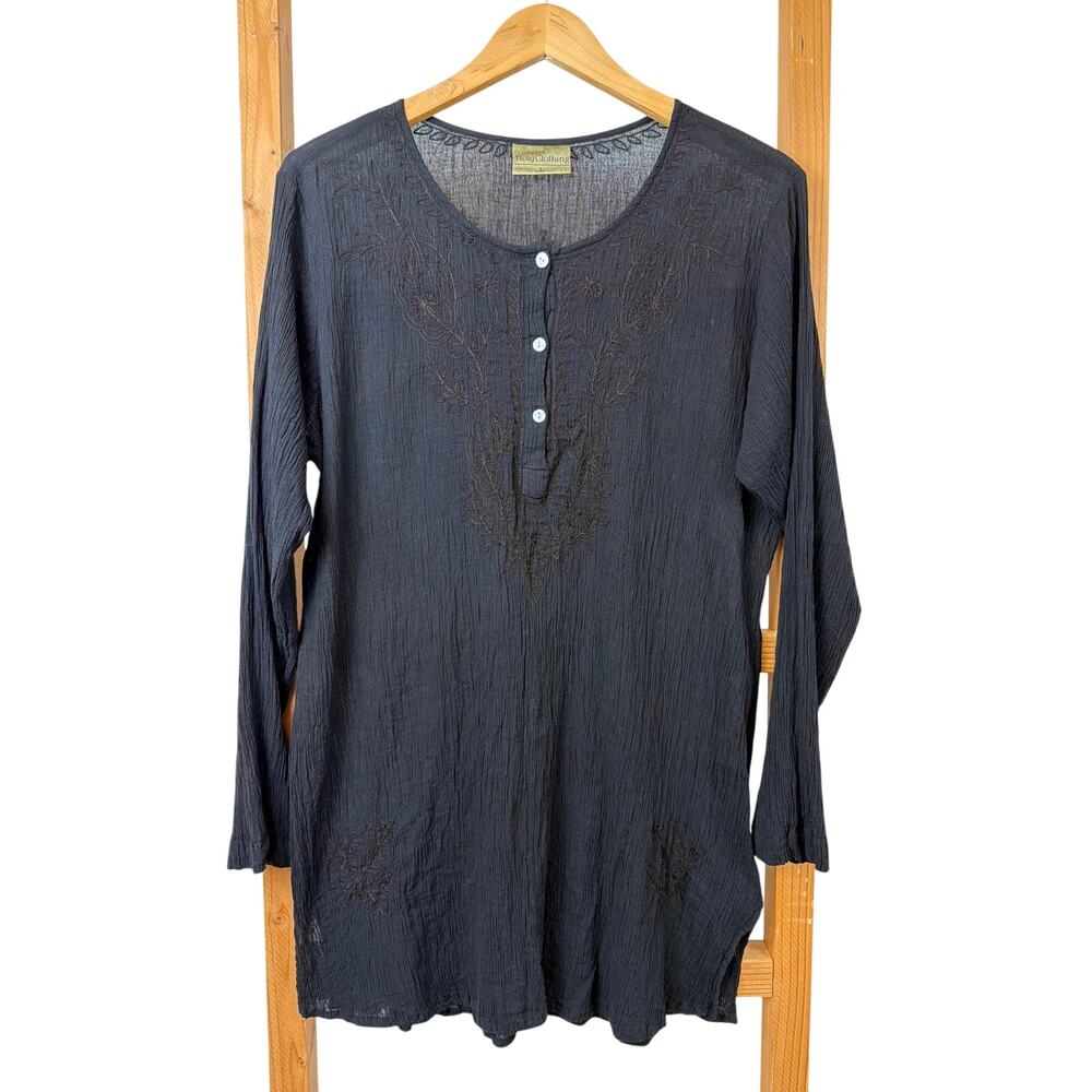 Holy Clothing Black Floral Embroidered Cotton Tunic Top Size L India